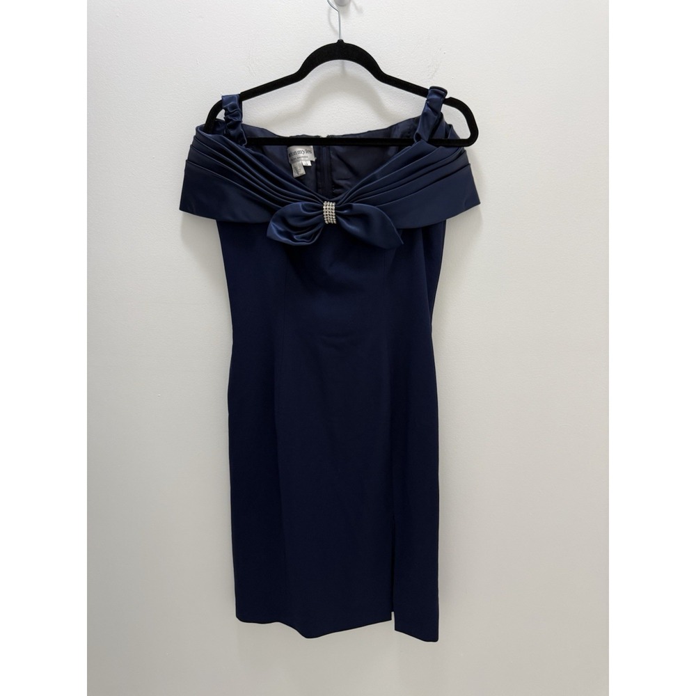Morton Myles Navy Off Shoulder Cocktail Dress Bow Rhinestone Size 12 Vintage